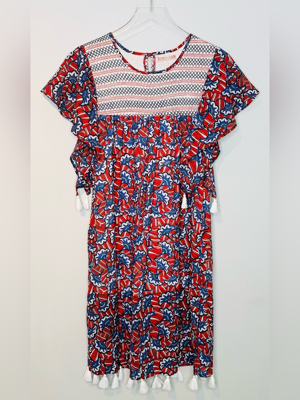 Banjanan Red White Blue Smocked Flutter Sleeve Tasseled Dress